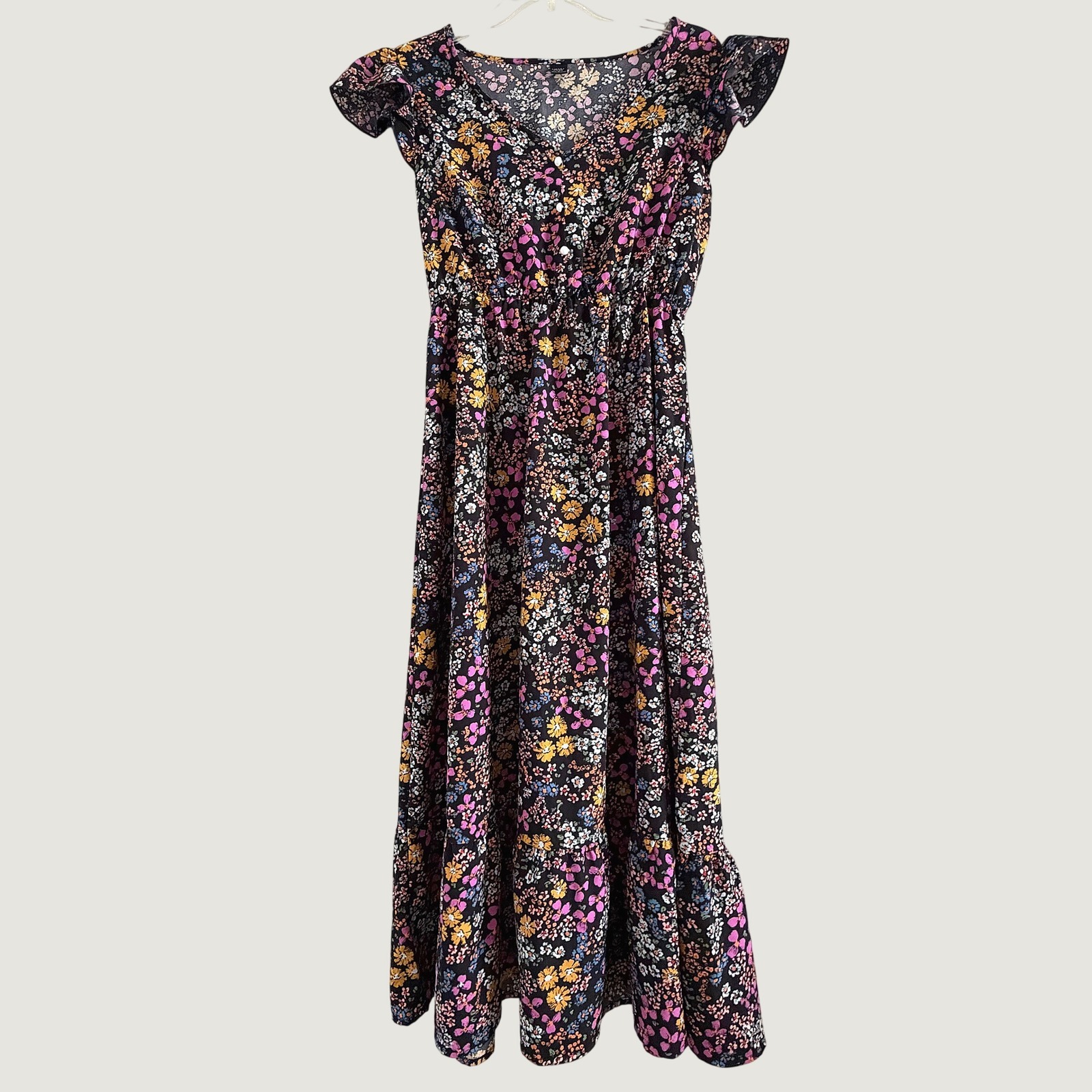 Emery Rose Cottagecore Black Floral Flutter Sleeve Tiered Maxi Dress V-Neck Sz M